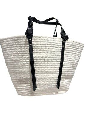 New Large White Woven Tote Bag With Black Faux Leather Handles
